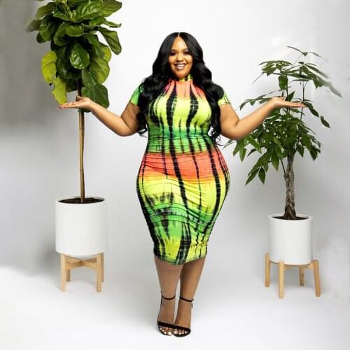Plus Size Women Clothing 4XL 2021 Summer Green Gradient Stripes Print Midi Dress Fashion Casual Elasticity Short Sleeve Dresses