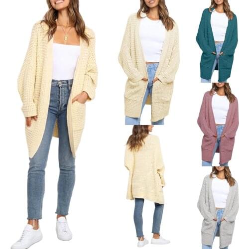 2021 Women Loose Knitted Coat Solid Color Long Cardigan with Pockets for Fall Pink/ Dark Green/ Light Grey/ Beige