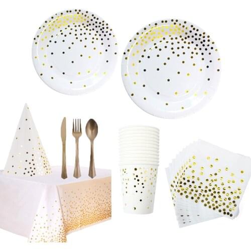 Gold Dot Paper Plates Cups Straws Paper Garland Banner For Baby Shower Wedding Kids Birthday Disposable Party Tableware