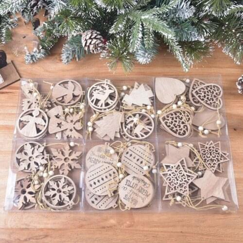 12pcs/box Christmas Wooden Pendants Xmas Tree Hanging Ornaments DIY Wood Crafts for Home Christmas Party New Year Decorations