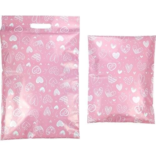 50pcs Pink&Black Love Heart Envelopes Mailing Bag With Hanlde Self Sealing Padded Poly Gift Bags Portable Courier Packaging Bags