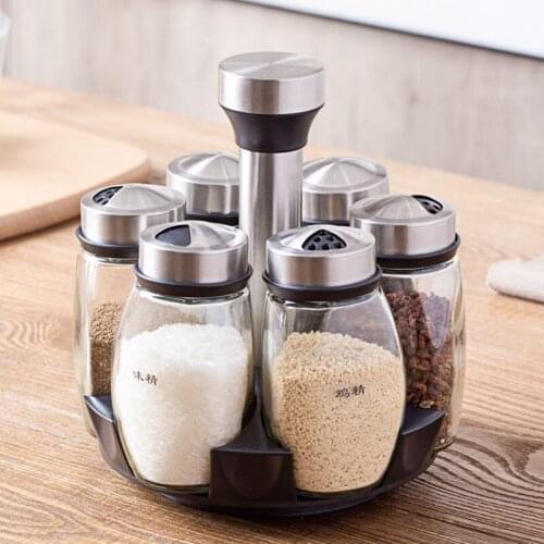 6pcs Nordic Art Glass Spice Bottle MSG Salt Pot Set Simple Kitchen Rotary Seasoning Jar Modern Household Pepper Toothpick Bottle