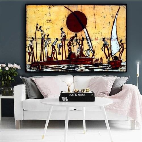 Abstract African Figure Sailboat Landscape Oil Painting on Canvas Posters and Prints Cuadros Art Wall Picture for Living Room