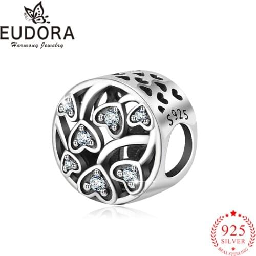 Eudora Genuine 925 Sterling Silver Classic Dazzling Zircon Heart Charms Beads fit Women Bracelets & Necklaces DIY Jewelry Making