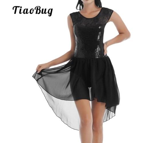 Women Sequin Lyrical Dance dress Shiny Sleeveless Asymmetric Mesh Ballet Dance Leotard Skirt Modern Dancewear