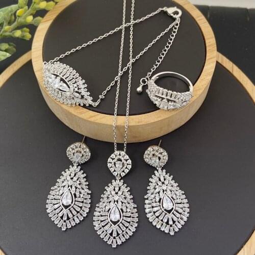 Lanyika Fashion Jewelry Set Elegant Water Drop Zirconia Micro Pave Necklace with Earring, Bracelet and Ring for Woman Party Gift