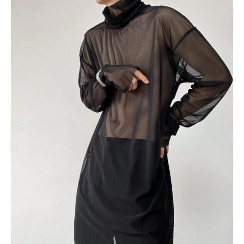 Diablo Korean style personality minority mens high neck mesh Long Sleeve T-Shirt Medium and long section perspective inner bott