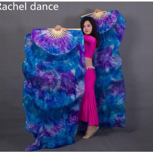 China Real 100% Silk Oriental Dancing Gradient Fire Fan Belly Dancing Stage Performance Property Dance Fan Multi-Color 1Pair