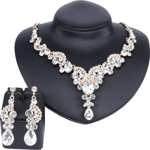 Fashion Dubai Gold Color Crystal Necklace Earring Set for Brides Womens Bridal Jewelry sets Wedding Party Dresses Accessories