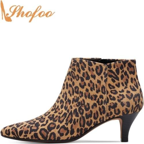 Brown Leopard Print High kitten Heels Ankle Boots Woman Pointed Toe Zipper Booties Large Size 11 16 Ladies Fashion Shoes Shofoo