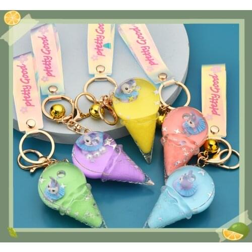 Creative liquid bunny keychain new crystal ice cream charm key chain into oil floating friends bags mobile phone gift keyring