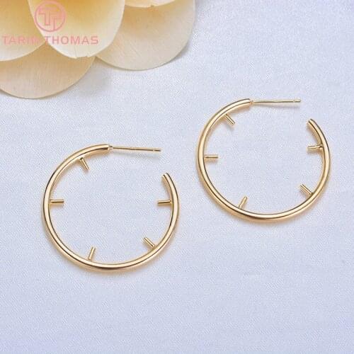 4PCS 32MM 24K Gold Color Plated Brass Round with Beaded needle Stud Earrings High Quality DIY Jewelry Making Findings