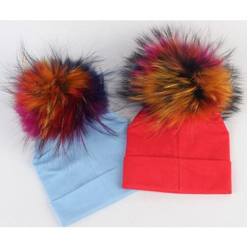Geebro Lovely Newborn Baby Cotton Beanies Hats With Real Fur Raccoon Pompom For Girls Boys Kids Warm Plain Skullies Beanies Hat