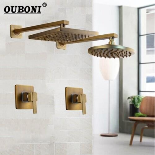 Monite 8 inch Antique Brass Round Wall Mounted Bathroom Rainfall shower faucet Sets head & hand shower Shower Sets