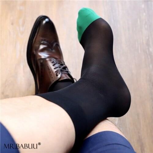 Mens blue, yellow and green toe reinforcement and durable short tube solid color flat business casual nylon stretch stockings