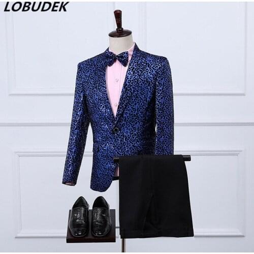 Mens Leopard Blazers Suits Glitter Red Blue Sequins Jacket+Tie+Pants 3-Pieces Set Male Host Singer Chorus Groups Stage Costume