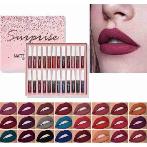 24 Pcs Matte Lip Glaze Set Lipstick Liquid Lip Gloss Lasting Waterproof Non-Stick Cup Nude Gift for Friend Makeup Cosmetic