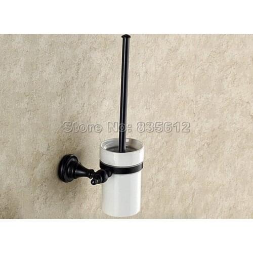 Bathroom Toilet Brushes Set with Black Oil Rubbed Brass Wall Mounted Toilet Brush Holder and Ceramic Cup Wba827