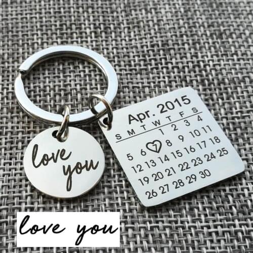 Personalized Calendar Keychain Engraved with Your Date Text Signature Keyring Hand Stamped Date with Heart Customize Key Chain