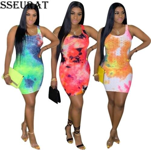 SSEURAT Women Mini Dress Tie-dye Print Sleeveless Slim Dress Sexy Female Nightclub Party Dress