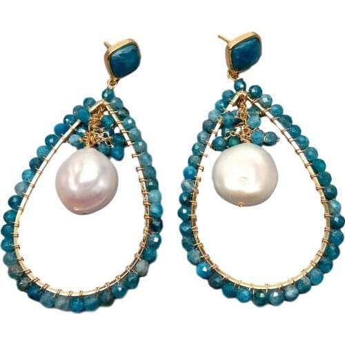 Y·YING Natural Handmade Blue Apatite White Coin Pearl Teardrop Studs Earrings wrap earrings