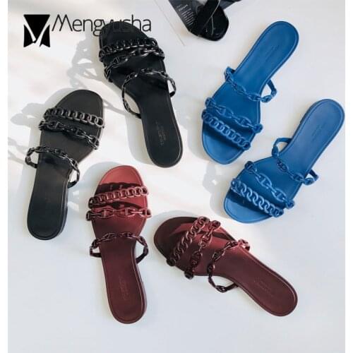 Famous designer chains sandals women flat heel summer shoes woman pig nose chain belt flip flops three band beach sandalias c372