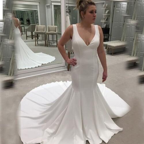 Simple V-neck Sleeveless Satin Wedding Dresses Chapel Train Cheapest Bridal Gowns Mermaid Style White Ivory Wedding Gowns