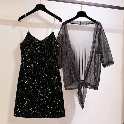 150Kg Plus size womens summer V-neck sequin strap dress lace shawl bust 149cm 5XL 6XL 7XL 8XL 9XL black fashion casual suit