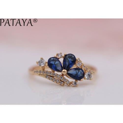 PATAYA New Arrivals 585 Rose Gold Water Drop Rings Women Fashion Dark Blue Natural Zircon Ring Wedding Party Jewelry Accessories