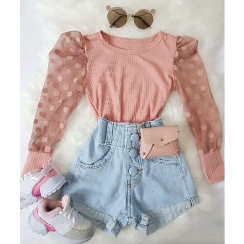 2Pcs Sweet Style Little Girls Clothes Outfit Dot Mesh Splicing Puff Long Sleeve Round Collar Tops + Denim Shorts Fall Set