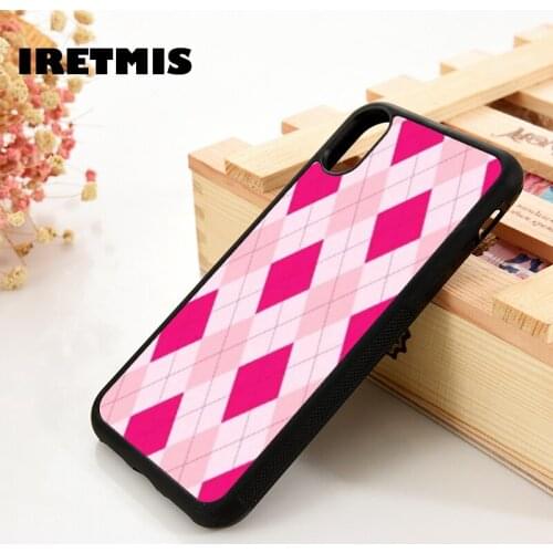 Iretmis 5 5S SE 6 6S TPU Silicone Rubber Phone Case Cover for iPhone 7 8 Plus X Xs 11 12 MINI Pro Max XR PINK ARGYLE