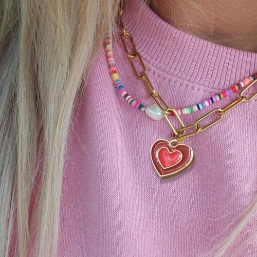 Double Layer Heart Enamel Choker Necklace For Women 2021 Colorful Pendant Necklaces Chain Korean Fashion Jewelry Couple Jewelry