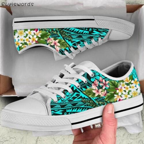 ELVISWORDS Polynesian Plumeria Flower Prints Low Top Style Vulcanized Shoes for Ladies Brand Design Women Lace Up Sneakers Flats