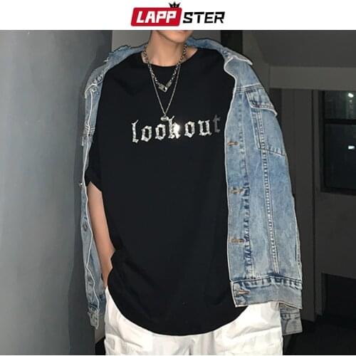 LAPPSTER Men Hot Fix Japanese Streeetwear T Shirts 2021 Summer Mens Korean Black Graphic T-shirts Male Funny Tops Plus Tshirt
