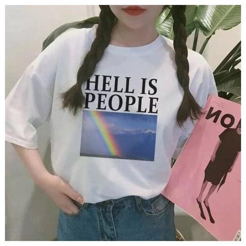 Tumblr Shirts Women Tumblr Grunge Tee Hell Is People Rainbow Print Quotes Graphic T-Shirt Harajuku Street Wear Cool Outfit