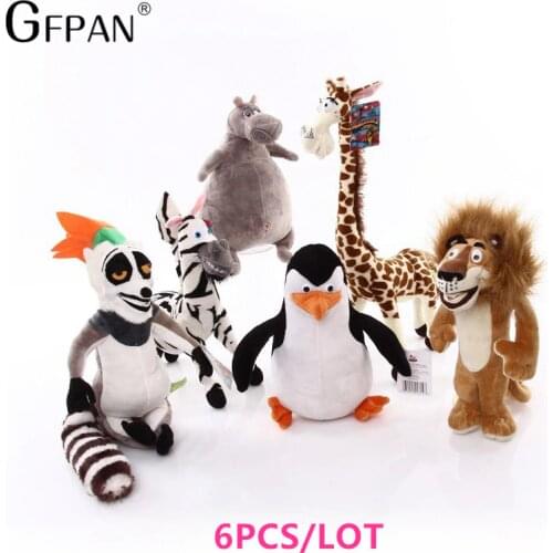GFPAN 6pcs/set Super Quality Wholesale Madagascar Plush Toys Lion Zebra Giraffe Monkey Penguin Hippo Party Gifts For Kids Boys