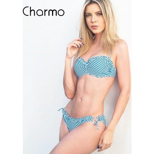 Charmo Women Bikini Set halter Striped Bikini Side Bandages Swimwear Women Sexy Push Up Swimsuit