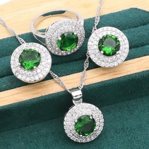 Round Blue Green Black Stones Silver Jewelry Set for Women Stud Earrings Necklace Pendant Ring Sets Gift
