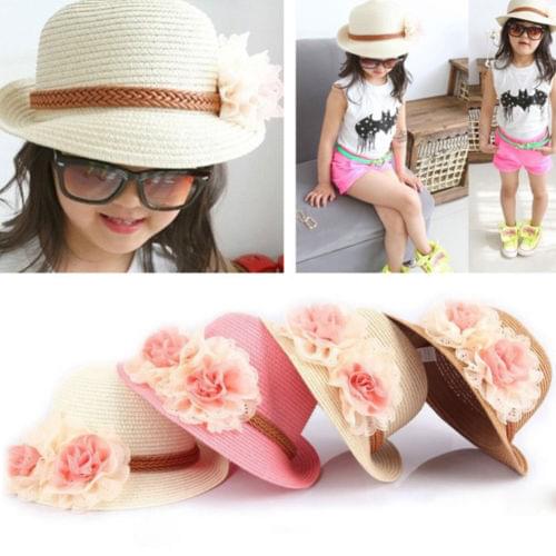 Lioraitiin New Fashion US Stock Baby Girl Hat Wide Brim Trilby Straw Cap Sun Hat Beach Summer Floral Sunhat