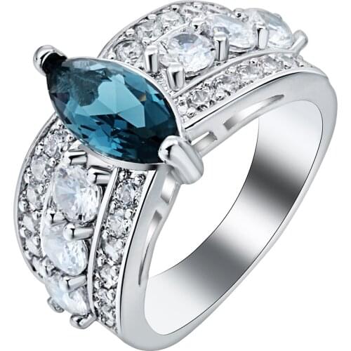 Fashion wedding jewelry blue white crystal silver plated rings for women oval cz finger rings party luxury engagement jewellery