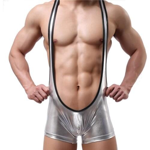 Shiny Sexy Mens Underwear Bodysuits Jockstrap PU Wrestling Singlet Leotard Jumpsuits Shorts Penis Pouch Gay Undershirt Clubwear