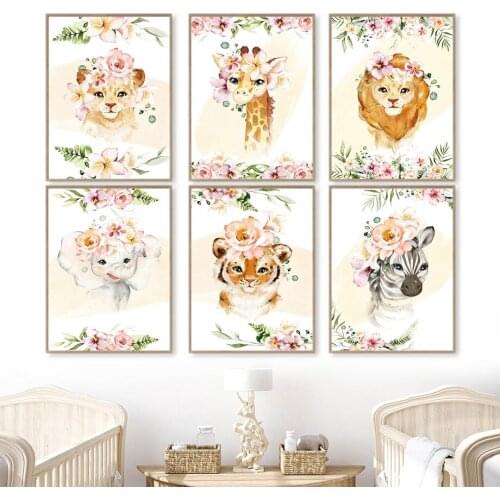 Lion Giraffe Lion Zebra Tiger Elephant Animals Wall Art Canvas Painting Nordic Posters And Prints Wall Pictures Kids Room Decor