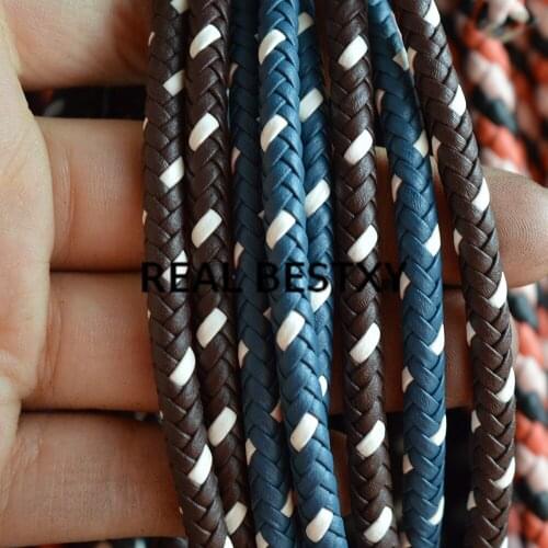 REAL BESTXY 30m/lot 6mm blue-white/brown-white braided round leather cords for bracelets making braided leather straps factory