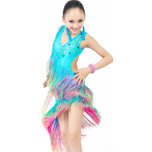 Newest Professional Latin Dance Dress w/Diamonds & Tassel for Child Salsa/Samba/Chacha/Ballroom Stage Performance Competition