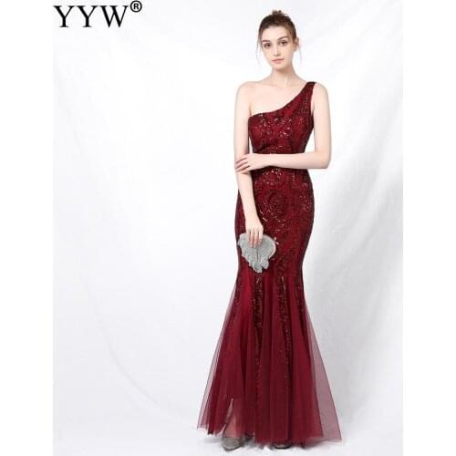 Slim Mermaid Long Evening Dress Elegant Sequin Women Luxury Long Evening Dress Formal Club Party Sexy One Shoulder Party Dress