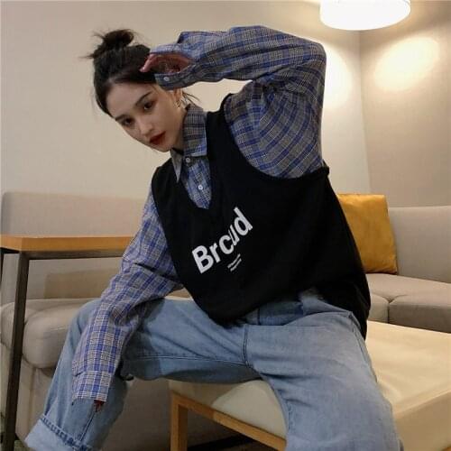 Autumn trend fake two-piece splicing shirt top lapel long sleeve handsome loose sweatshirt