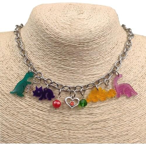 Punk Funk Resin Acrylic Candy Color Dinosaur Style Animal Stainless Steel Retro Chain Necklace Unique Birthday Gift CZ001-004