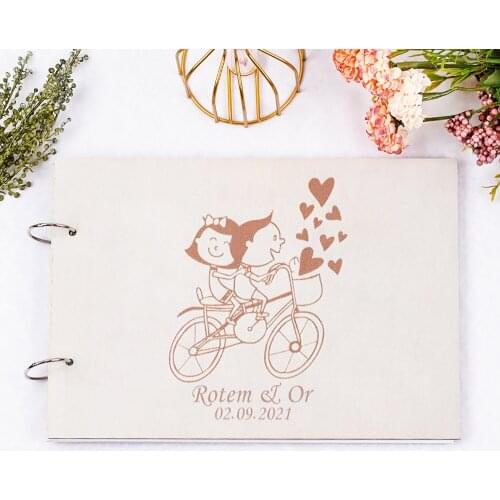Personalized Cute Wooden Guest Book Alternative Wooden Album Customized Cartoon Pattern Wedding Guestbook Photo Album Signature