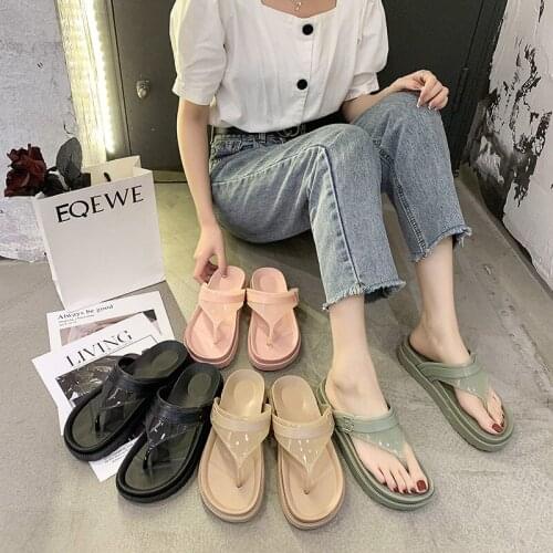 Fashion Flip-Flops Womens Thick-Soled Non-Slip Sponge Cake Bottom Sandals Breathable Clip-Foot Womens Wear Lazy Beach Slippers