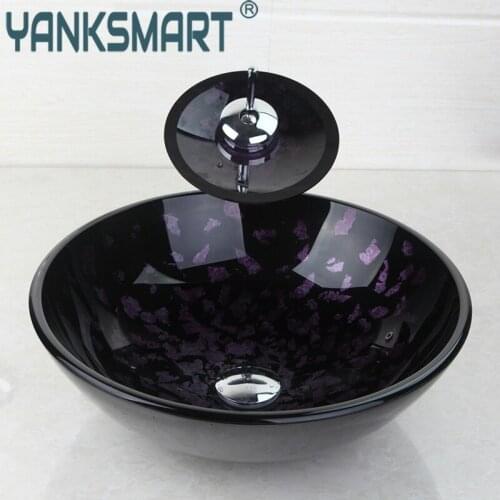 YANKSMART Modern Luxury Tempered Glass Basin Sink Hand Painting Finish Artistic Vessel Sink Bowl With Waterfall Faucet Set